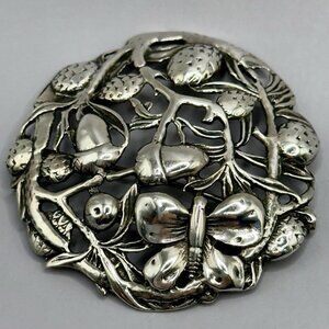 Butterfly Pine Cone Acorns Brooch Cast Sterling Silver Mid Century Studio Art